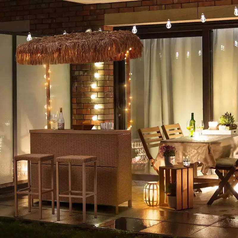 EROMMY Outdoor Tiki Bar Set, Wicker Patio Bar w/2 Stools, Storage Shelf for Backyard Poolside Garden