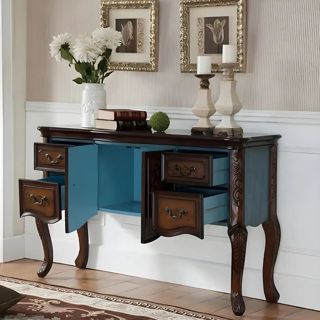 French Coffee Wood Storage Console Table with Drawers