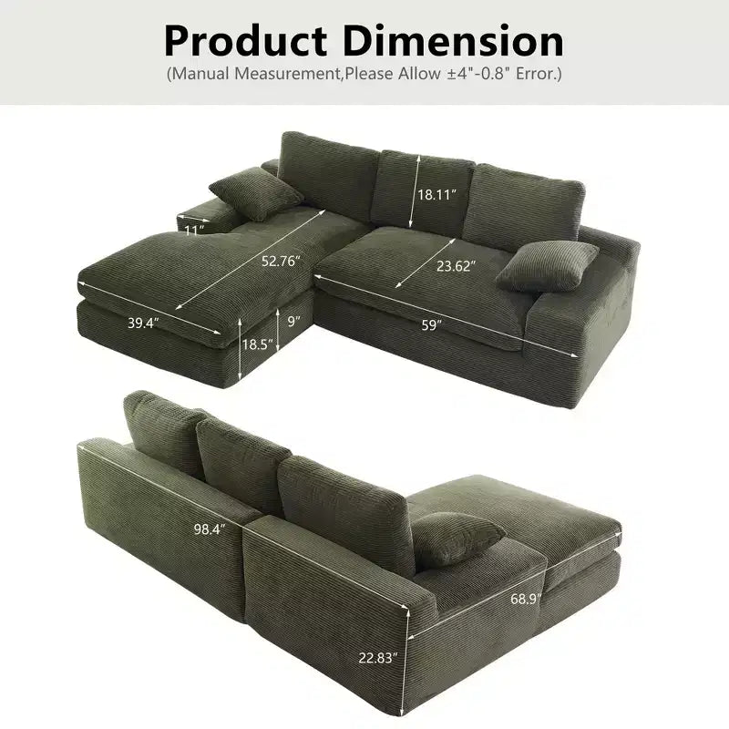 Clihome Corduroy Compressed Sofa - Soft Skin-Friendly with 3 Back Cushions & 2 Throw Pillows