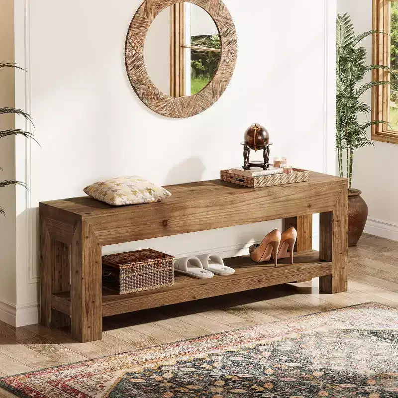 47.24 Solid Wood Entryway Bench with Open Shelves, Rustic Brown