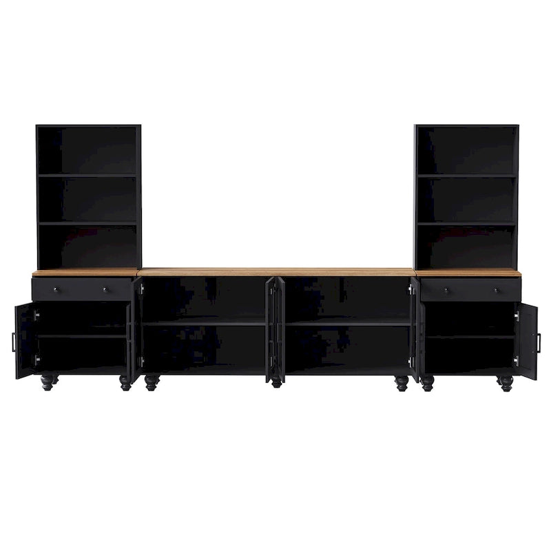 Black + Dark Walnut Farmhouse TV Entertainment Center with Bookshelves & Tempered Glass Doors for TVs Up to 70