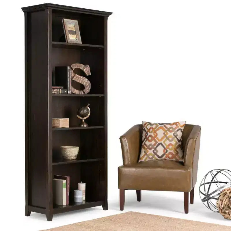 70 Five-Shelf Solid Wood Bookcase - Lacquered Pine, 4 Adjustable Shelves