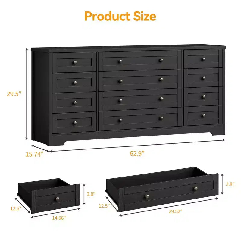 12 Drawers Dresser for Bedroom Wooden, Modern Wide TV Stand Dressers for 65 Inch TV, Wood Chest of Drawers, Farmhouse Clothes Storage for Living Room