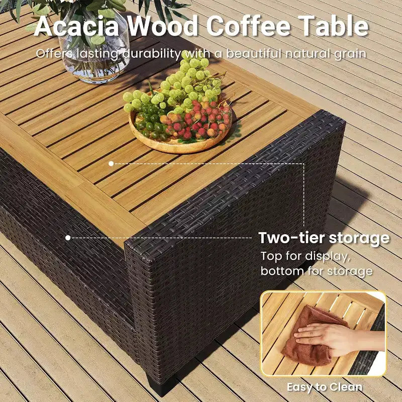 Heynemo 4-Piece Patio Furniture Set, All Weather Wicker Patio Conversation Seating Sets with 2-Tier Coffee Table, Outdoor Sofa Couch