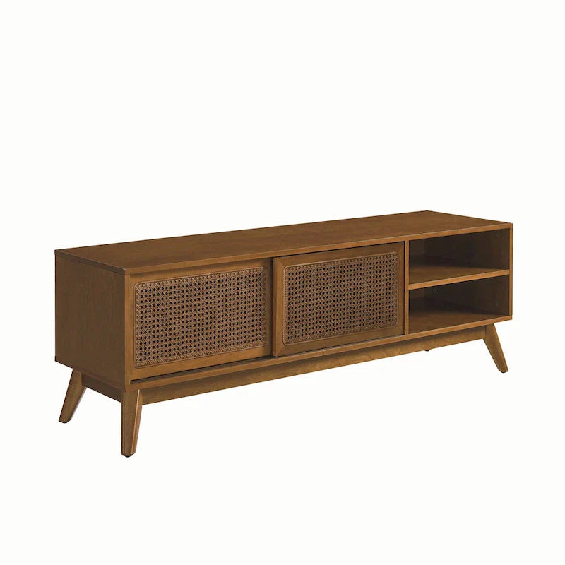 Vintage Rattan TV Cabinet with 2 Storage Cabinets and 4 Wooden Legs for Living Room Bedroom and Office