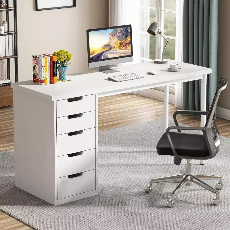 Lantine Computer Desk with 5 Drawers, 47 inches Modern Simple Home Office Desk Study Writing Table for Small Spaces