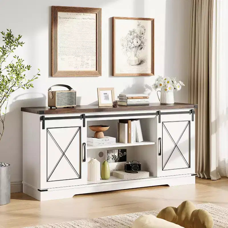 Farmhouse TV Stand for TVs Up to 65, Entertainment Center with Sliding Barn Doors & Storage Cabinets, Media Console Table for Living Room, Bedroom
