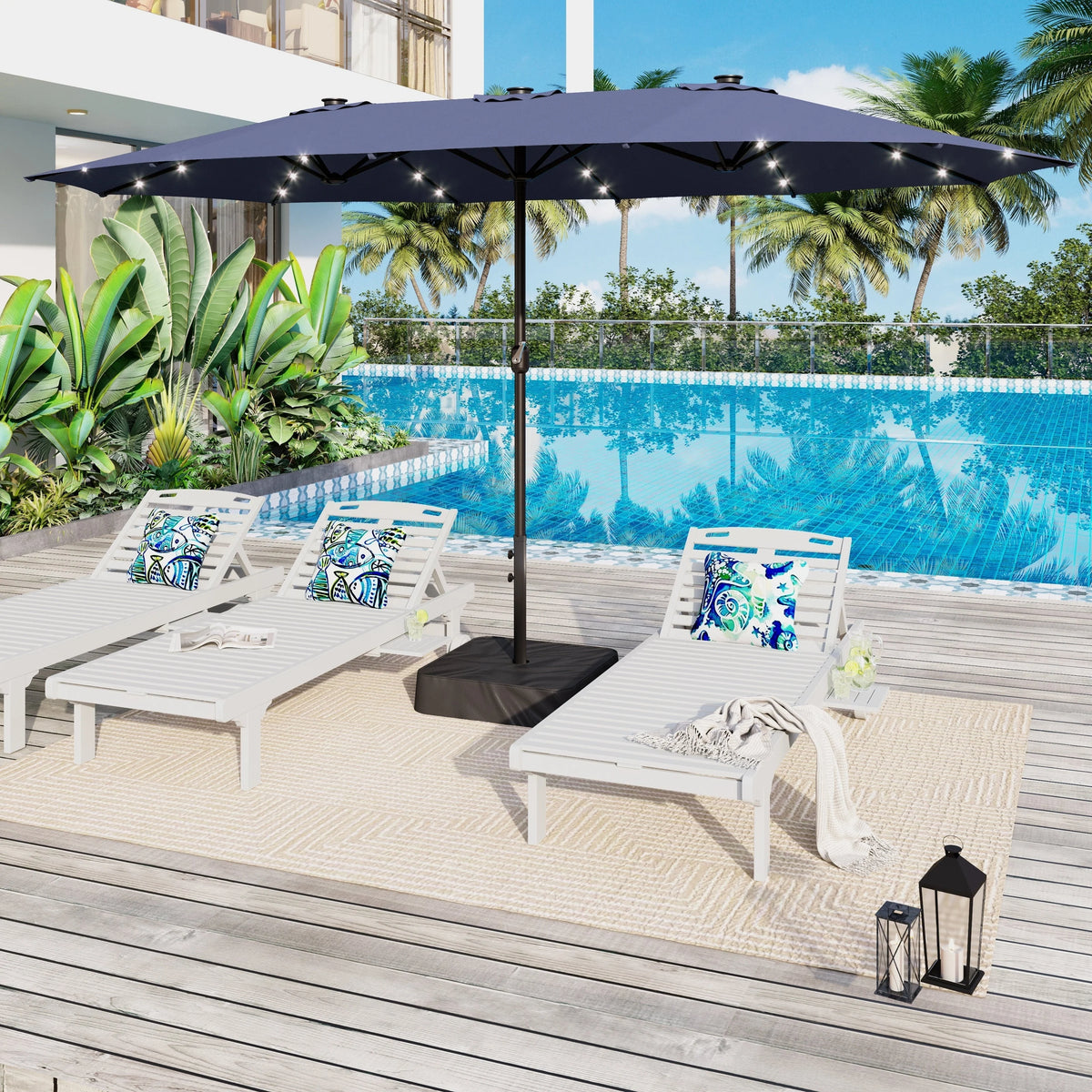 15-foot Rectangular Crank Double-sided Outdoor Market Umbrella Solar LED Lighted Patio Umbrella with Base Included