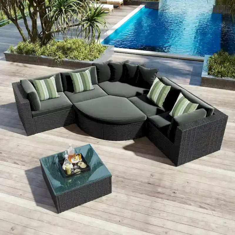 Ensemble de canapé d'extérieur moderne en osier 7 pièces avec table basse, coussins et oreillers rayés, idéal pour le patio, le jardin, la terrasse