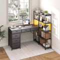 47 L-Shaped Computer Desk with 6 Drawers & 5-Tier Shelves, Reversible Corner Gaming Desk with LED Lights & Power Outlets