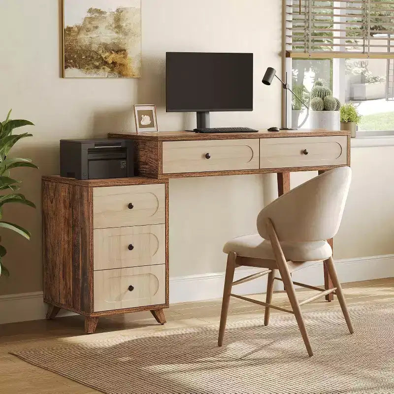 Lantine 39-Inch Writing Desk with 5 Drawers & Retractable Cabinet, Small Expandable Computer and Vanity Table for Small Spaces, Brown