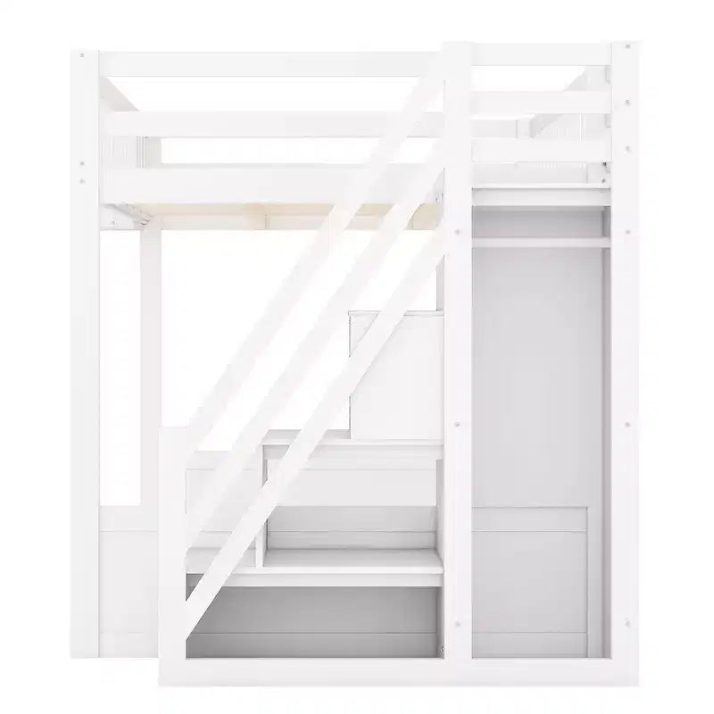Queen Loft Bed Frame with Staircase, Wardrobe & Storage Shelves - MDF, 650 lb