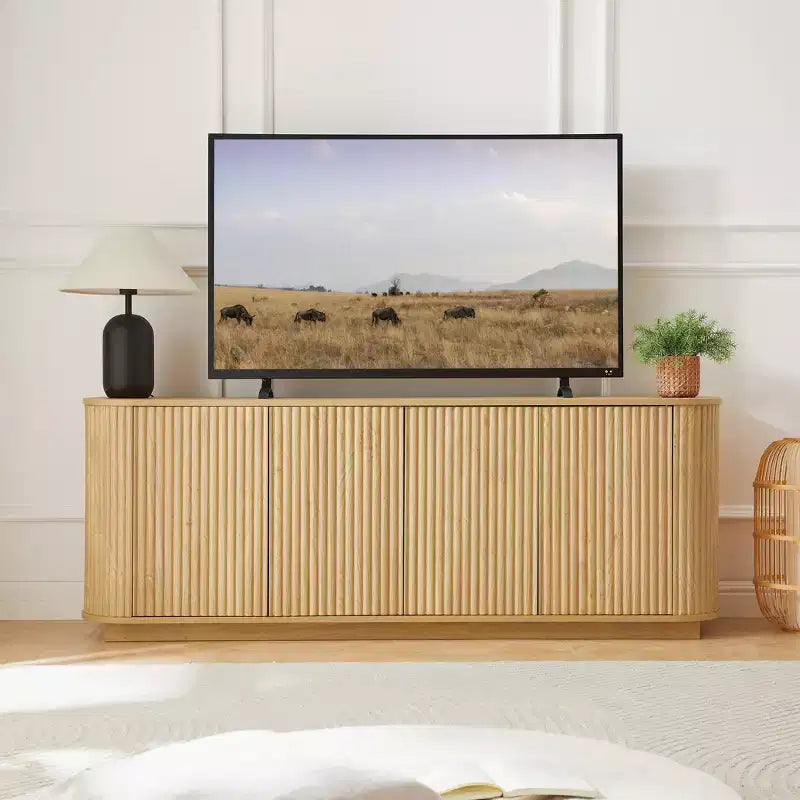 JVNOXK Buffet meuble de rangement meuble TV avec motif vague Buffet Armoire rayée verticale en bois pour cuisine/chambre/entrée. Naturel