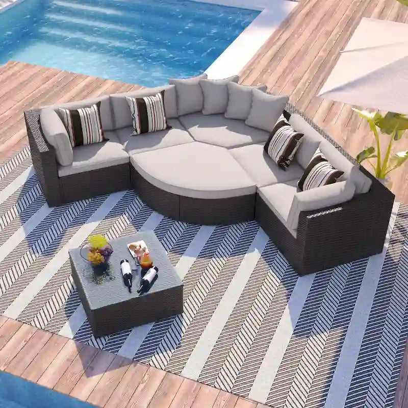 Ensemble de canapé d'extérieur moderne en osier 7 pièces avec table basse, coussins et oreillers rayés, idéal pour le patio, le jardin, la terrasse