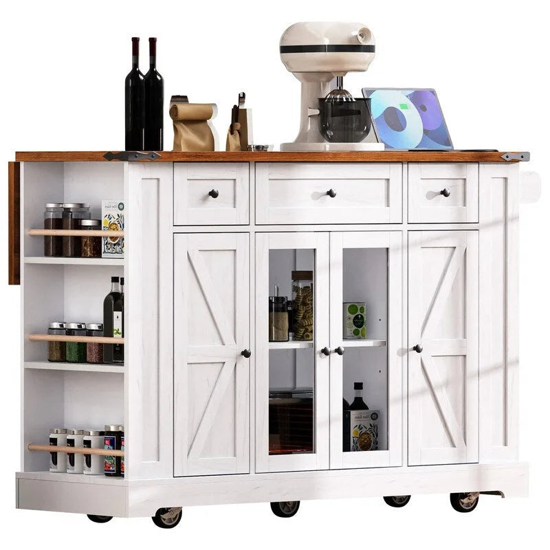 Îlot de cuisine avec rabat, 3 tiroirs et 5 étagères latérales ouvertes, desserte de cuisine roulante avec 2 portes d'armoire en verre trempé et prise de courant