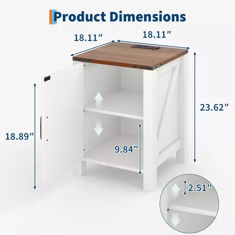 Lot de 2 tables de chevet de ferme avec station de recharge, table de nuit rustique avec porte de grange et étagère réglable, petite table d'appoint pour chambre et salon.