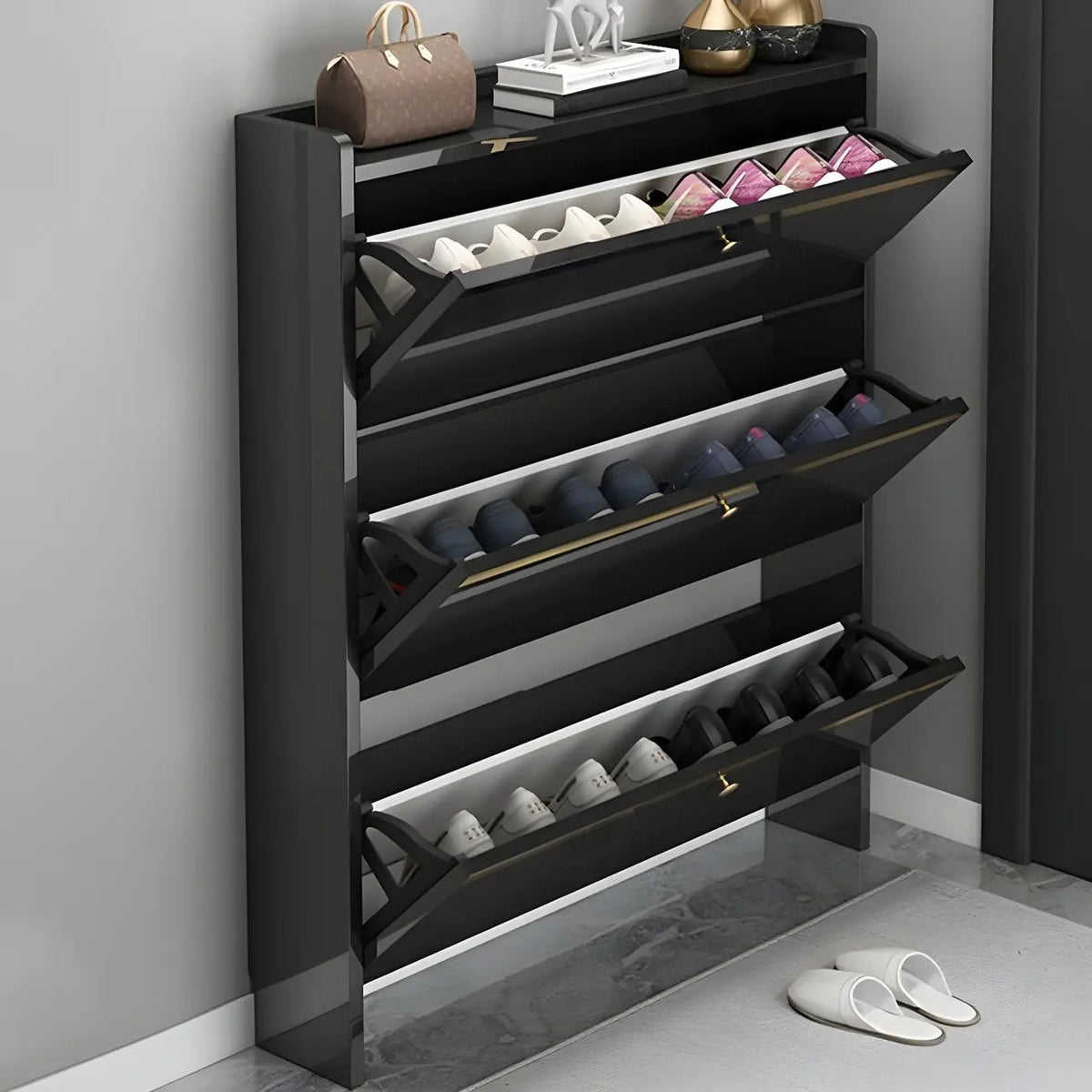 Entryway Glam Black Shoe Storage with Adjustable Shelves
