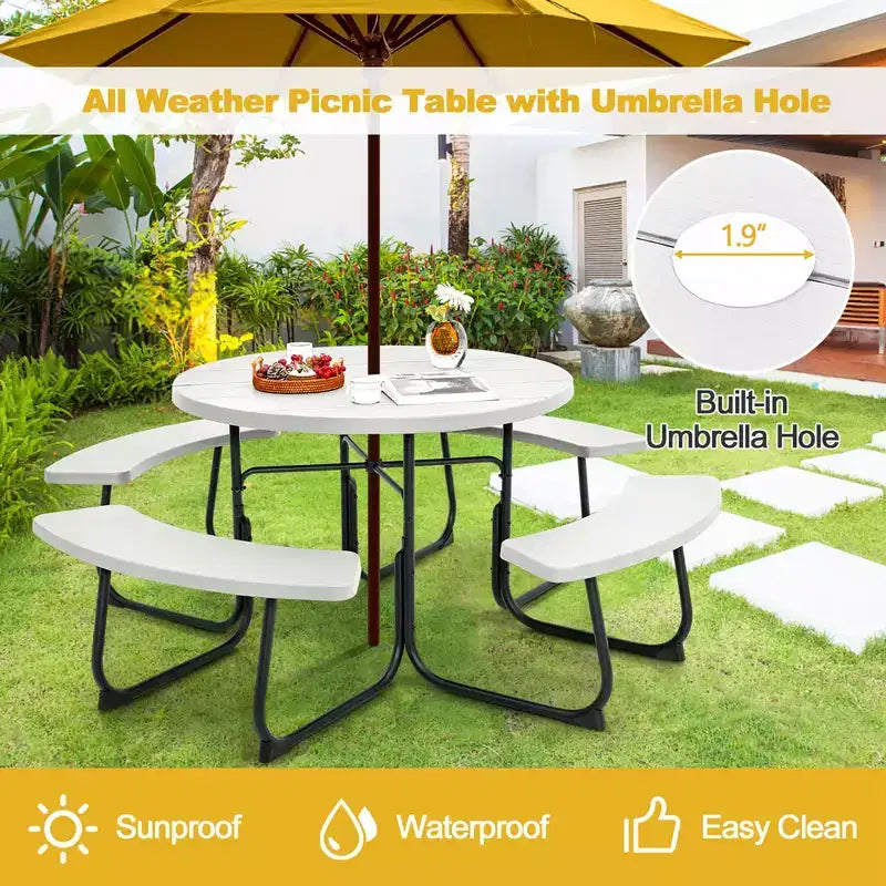 Costway Outdoor 8-person Round Picnic Table Bench Set with 4 Benches & Umbrella Hole Black/Grey/Green/White