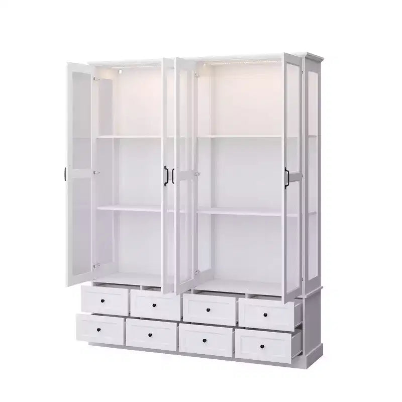 Bibliothèque vitrine blanche Famapy : éclairage LED RVB + tiroir de rangement + portes vitrées. Organiseur spacieux pour les salons et les bibliothèques à domicile.