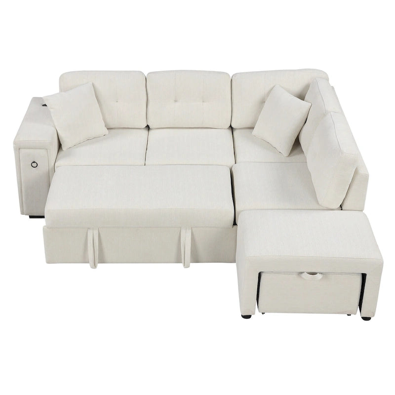 Canapé d'angle 4 places avec lit gigogne, pouf, ports USB et tablette rabattable