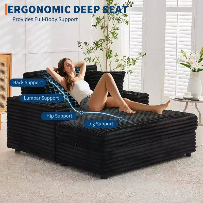 Corduroy 3-Seat Lounge Sofa with Cup Holders & Charging Ports