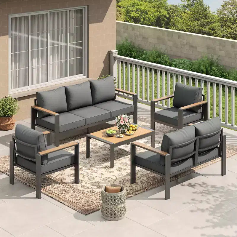 Aluminum Patio Furniture Set, Outdoor Sectional Sofa with 5 Thick Cushions, 4 Armrests & Coffee Table for Garden, Deck, Backyard
