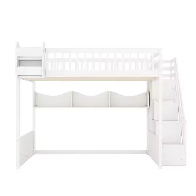 Queen Loft Bed Frame with Staircase, Wardrobe & Storage Shelves - MDF, 650 lb