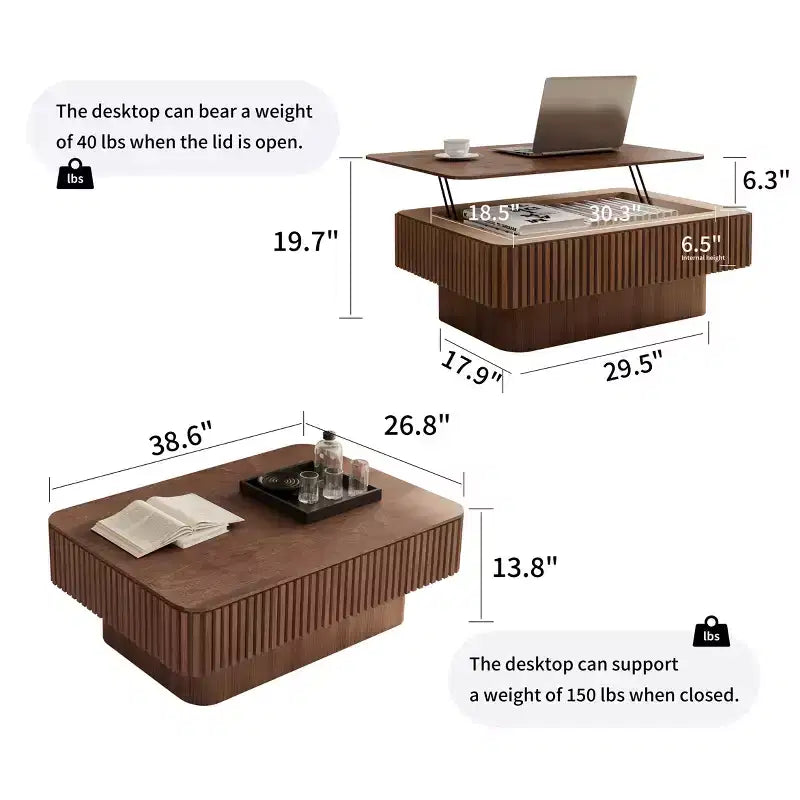 JVNOXK 38.6 Fluted Lift-Top Coffee Table with Storage, Solid Wood Veneer Adjustable Height Modern Accent Table for Living Room, Bedroom, Walnut