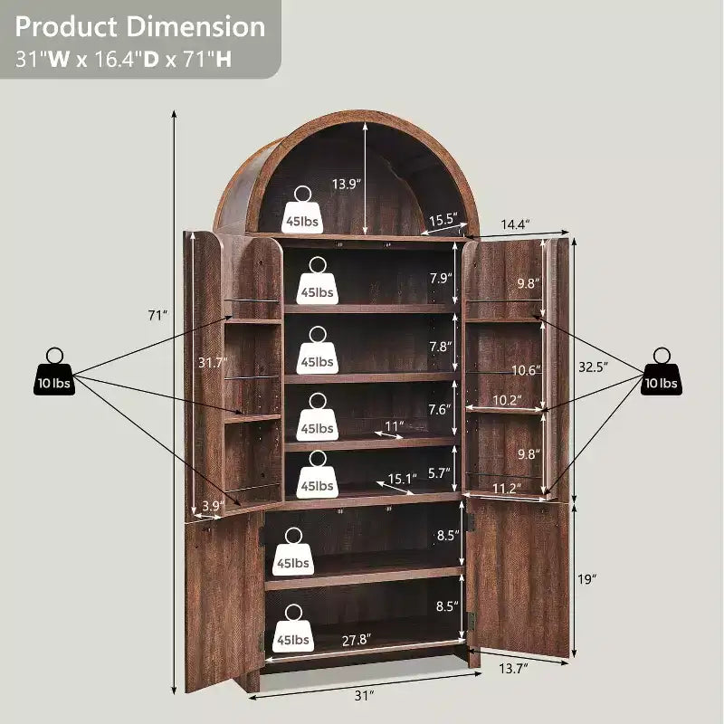 71 Tall Arched Kitchen Pantry, Modern Storage Cabinet with 3 Adjustable Shelves, 6 Door Shelves, for Kitchen, Living Room