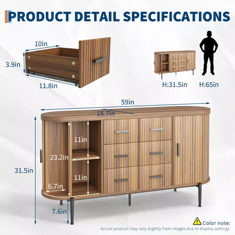 59in Farmhouse Fluted Sideboard Buffet Cabinet, Media TV Console Table with 6 Drawers & 2 Sliding Doors, Versatile Storage Cabinet for Living Room