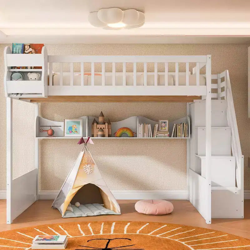 Queen Loft Bed Frame with Staircase, Wardrobe & Storage Shelves - MDF, 650 lb