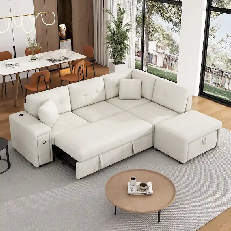 Canapé d'angle 4 places avec lit gigogne, pouf, ports USB et tablette rabattable
