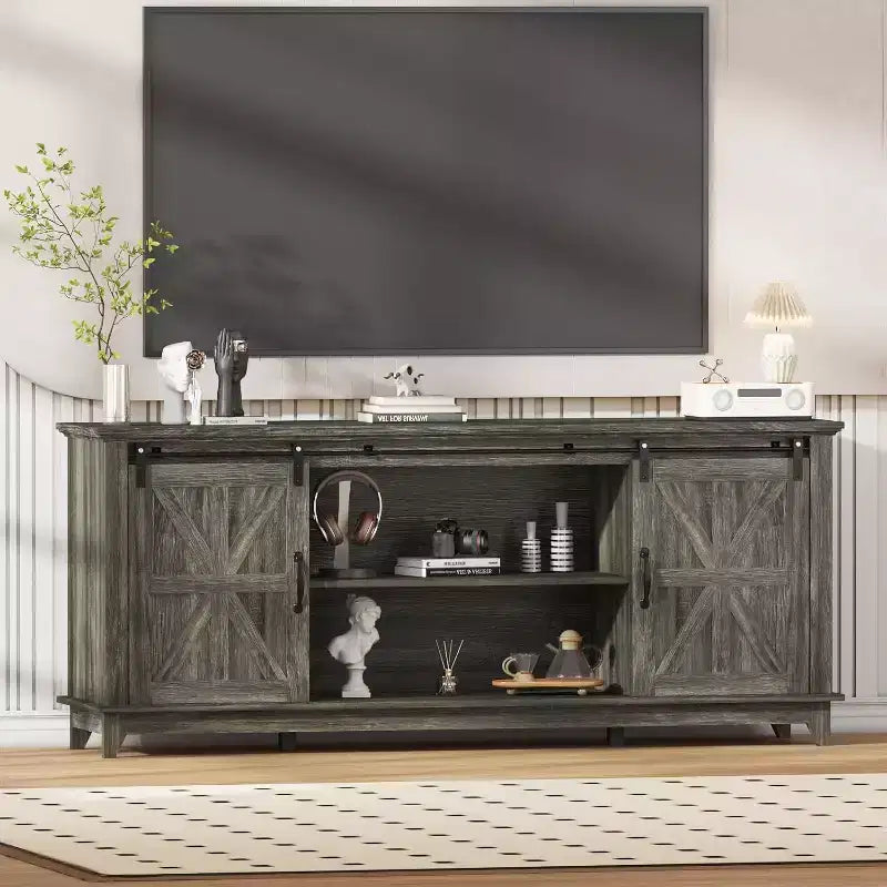 66 inch Farmhouse TV Stand for 75 Inch TVs, Media Console with Sliding Barn Door, Power Outlets & Adjustable Storage Cabinets