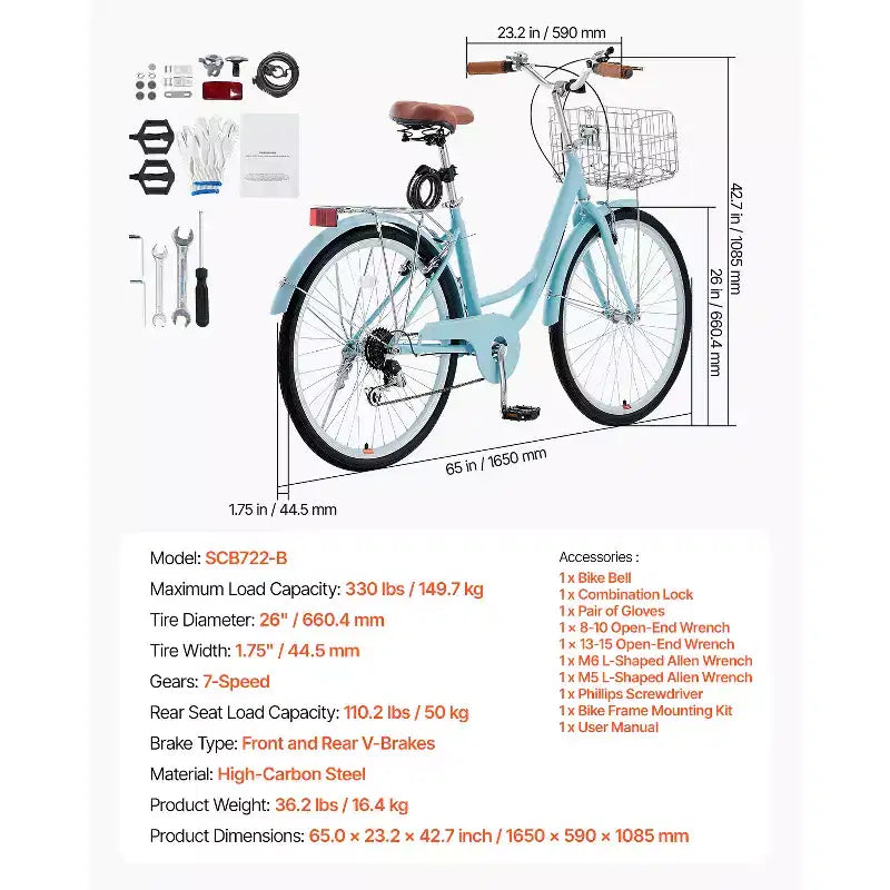 VEVOR Cruiser Bike, 7-Speed, 26-Inch Light Blue Beach Cruiser Bike with Large Capacity Basket and Rear Rack, Secure & Sturdy Cruiser Bike,Light Blue