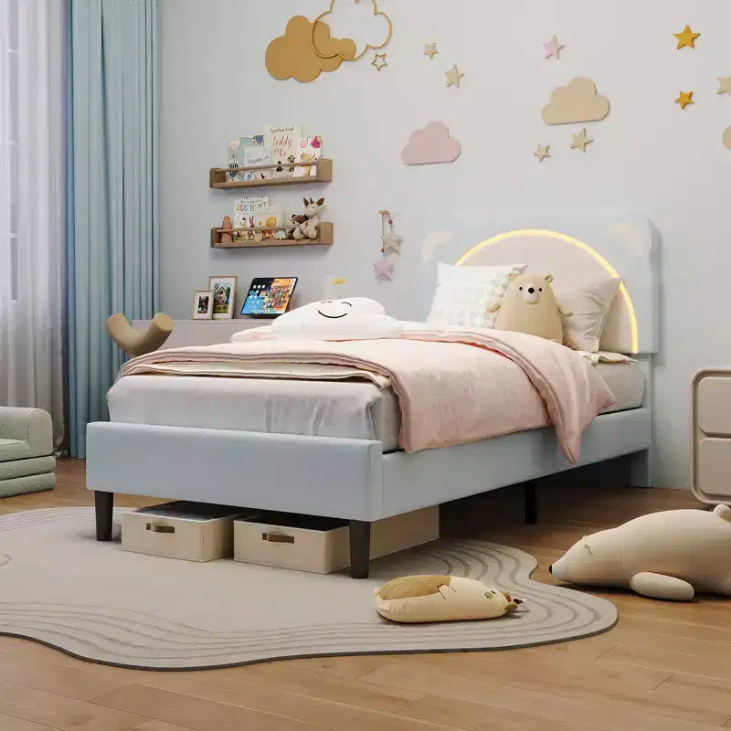 Cute Kids Bed Frame - Adjustable adorable bear design, suede upholstery, storage drawers, solid wood slats, quiet design, easy to assemble.