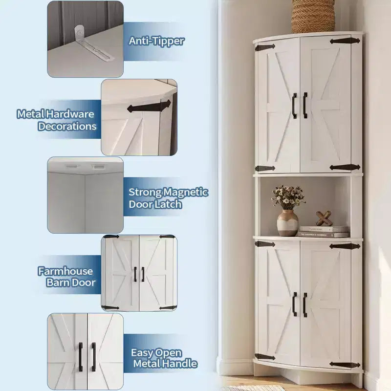 64.8 Tall Corner Cabinet with Doors, Brown Farmhouse Corner Storage Cabinet, Freestanding Corner Pantry Cabinet with Adjustable Shelves