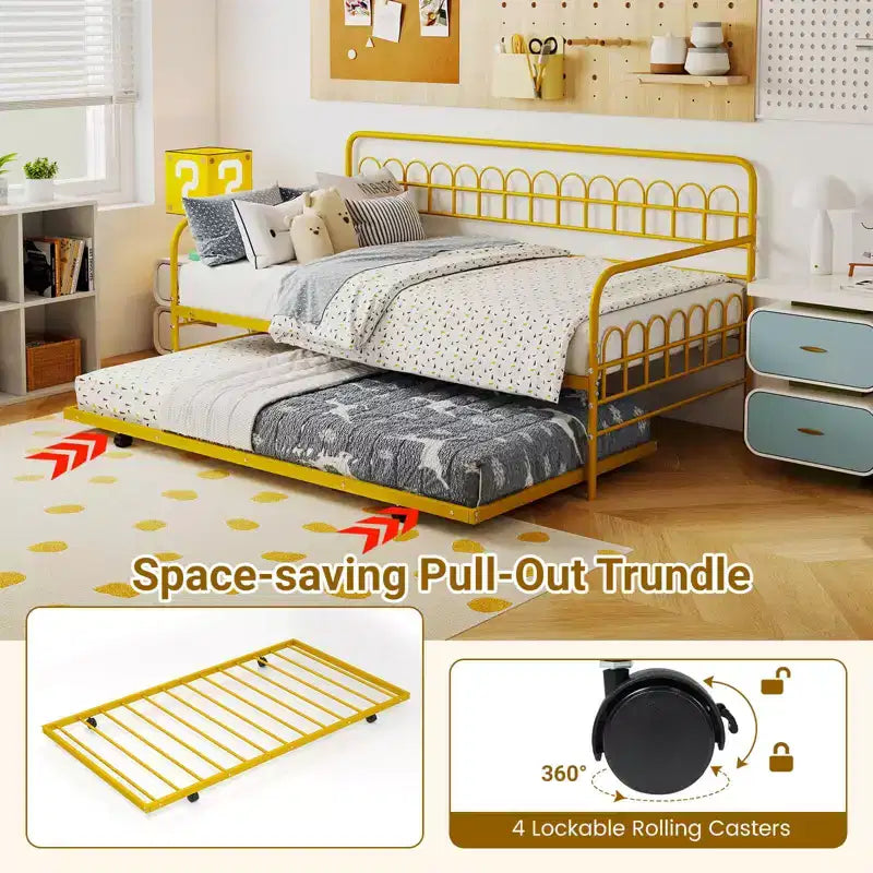 Costway Twin Daybed with Trundle Curved Backrest & Armrests Heavy-duty Metal Slats Black/Gold