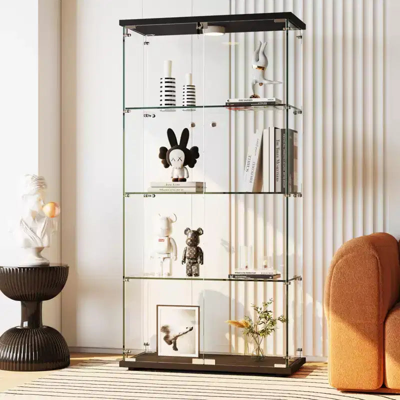 4-Tier Tempered Glass Display Cabinet, Full-Glass Curio Case with LED Lights & Human Body Sensor, Storage Cabinet for Collectibles & Decor
