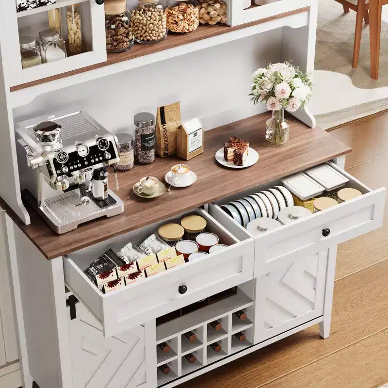 72 Farmhouse Bar Cabinet with Sliding Barn Door  Large Kitchen Buffet with Hutch, Charging Station, 2 Drawers & 8 Storage Shelves  Coffee