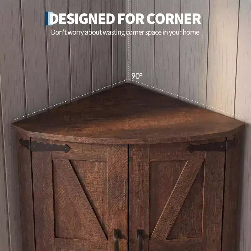 64.8 Tall Corner Cabinet with Doors, Brown Farmhouse Corner Storage Cabinet, Freestanding Corner Pantry Cabinet with Adjustable Shelves