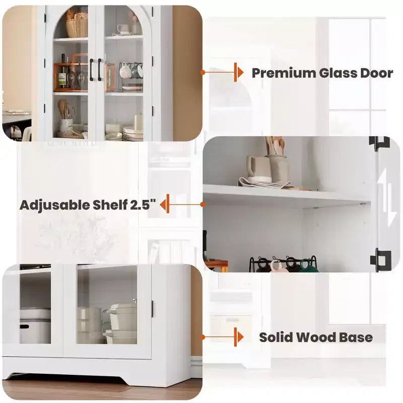 70 Tall Kitchen Pantry Cabinet, Modern Display Cabinet with 4 Arched Glass Doors and Adjustable Shelves, for Kitchen, Living Room, Dining, Bathroom