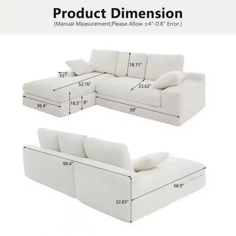 Clihome Corduroy Compressed Sofa - Soft Skin-Friendly with 3 Back Cushions & 2 Throw Pillows