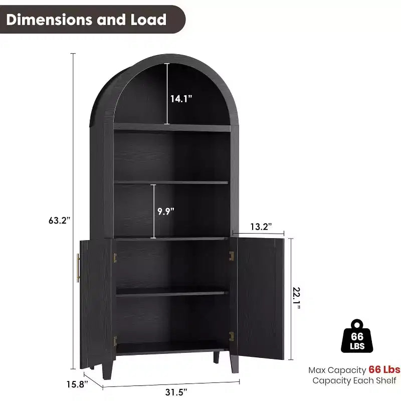 Acekool Arched Pantry Cabinet with Rattan Doors, 5-Tier Farmhouse Storage Cabinet for Kitchen Dining Living Room