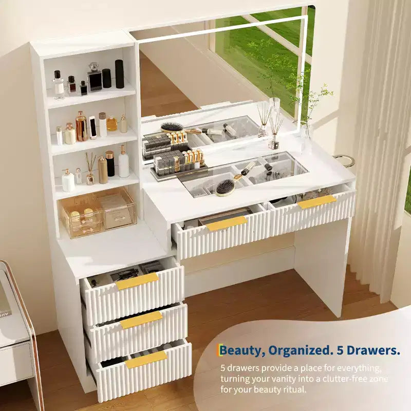 Makeup Vanity Desk with Lighted Mirror & Charging Station, 3-Color Dimmable Touch, 5 Drawers & Glass Top, Modern Bedroom Dressing Table