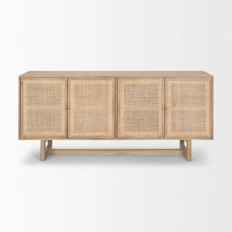 Grier Light Brown Solid Wood with Cane 4 Door Sideboard - 72.0L x 18.0W x 31.0H