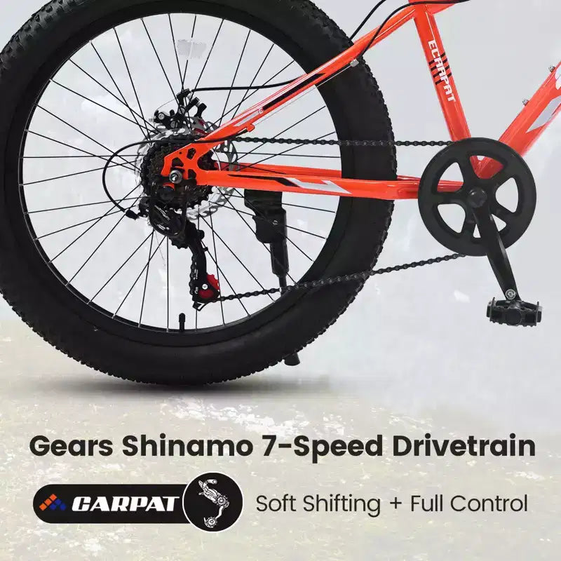 Okak 24IN Fat Tire Bike with Front Suspension, 7-Speed Mountain Bike with Disc Brake and High-Carbon Steel Frame, Trail Bike for Commuting