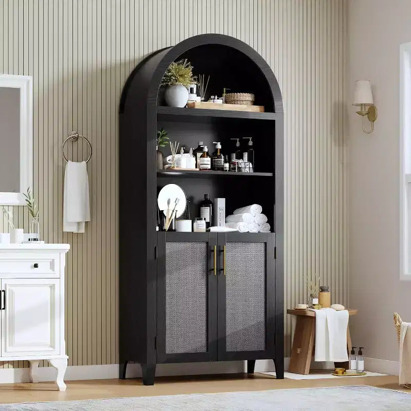 Acekool Arched Pantry Cabinet with Rattan Doors, 5-Tier Farmhouse Storage Cabinet for Kitchen Dining Living Room