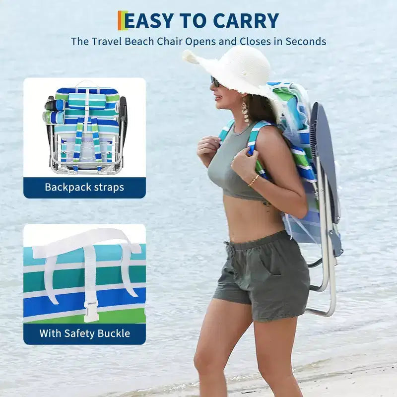 Folding Lightweight Backpack Beach Chair, Lay-Flat 5-Position Recline, 300LBS Load with Cup Holder, Phone Pocket & Towel Bar