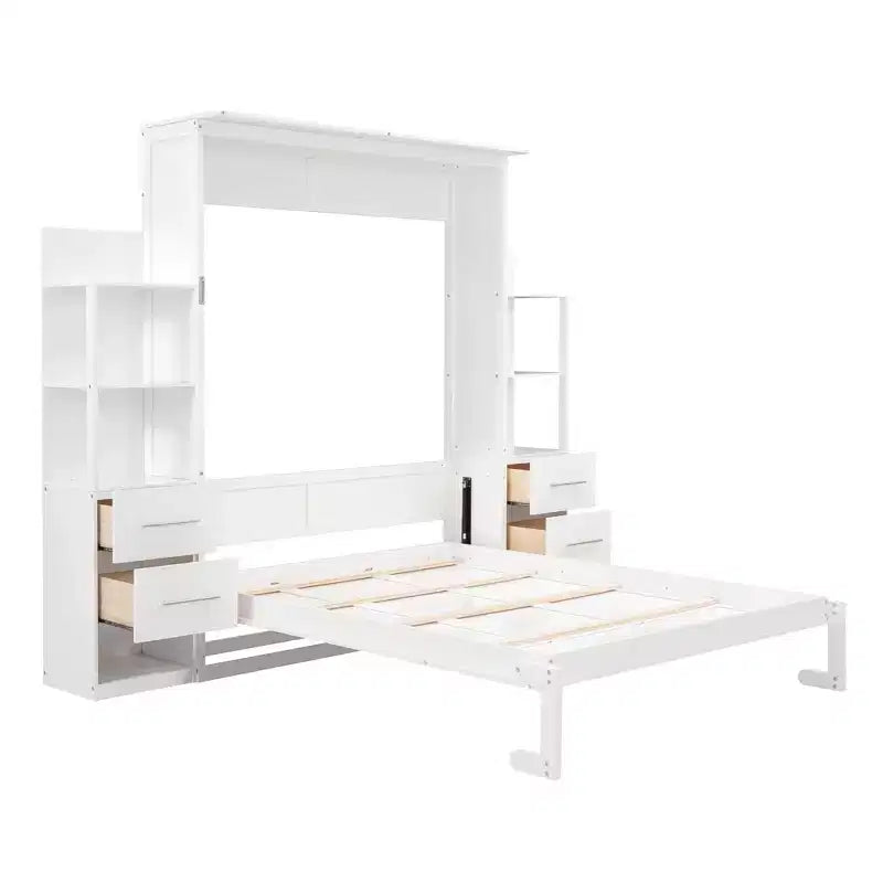 Luxystar Queen Murphy Bed with Storage Shelves, 4 Drawers and Lights