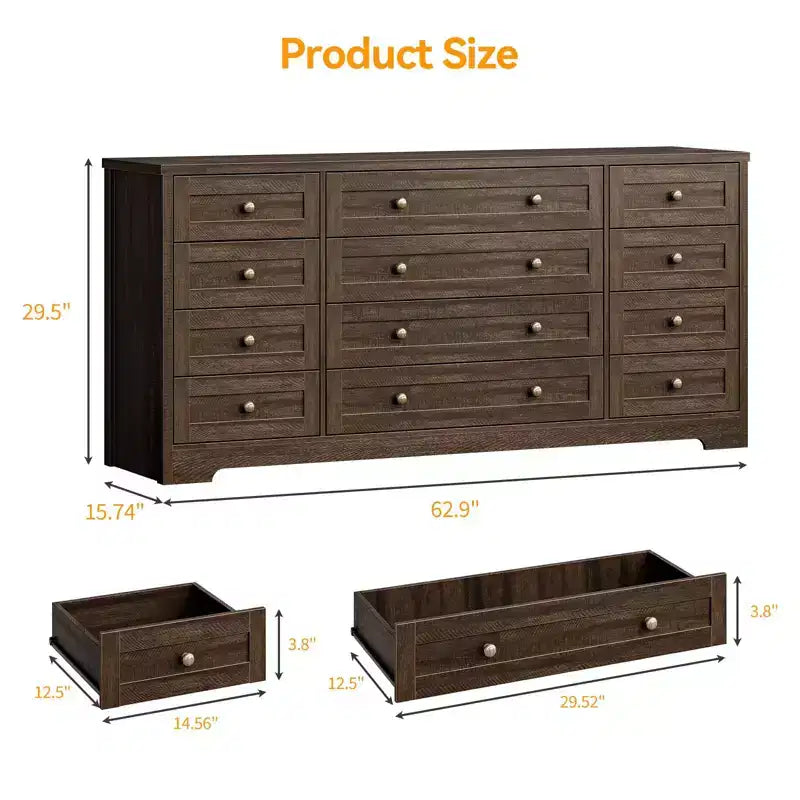 12 Drawers Dresser for Bedroom Wooden, Modern Wide TV Stand Dressers for 65 Inch TV, Wood Chest of Drawers, Farmhouse Clothes Storage for Living Room